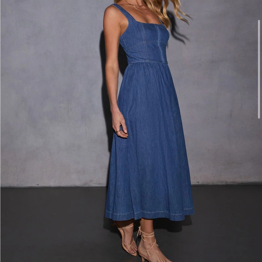 Vici Gianni Blue Denim Midi Dress with Square Neck